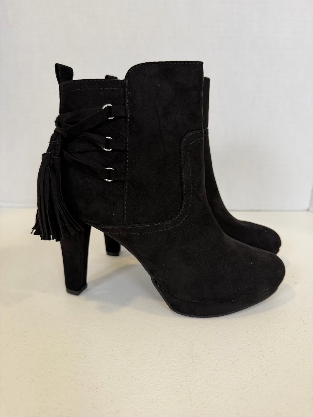Black Fringe Lace Up Ankle Booties High Heel Platform 7M